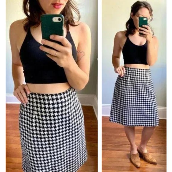 Vintage Houndstooth Checked Black White Punk Preppy Wool Pencil Skirt - Picture 1 of 6